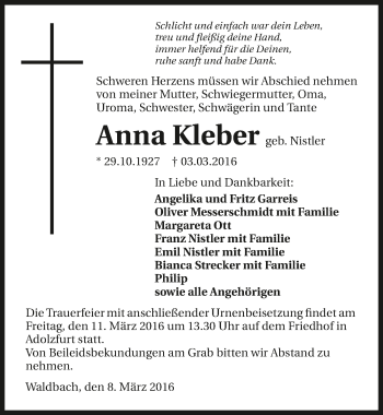Traueranzeige von Anna Kleber 