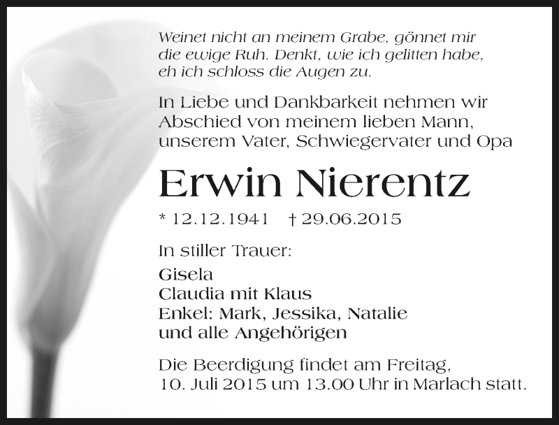  Traueranzeige für Erwin Nierentz vom 07.07.2015 aus 