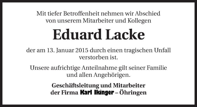  Traueranzeige für Eduard Lacke vom 19.01.2015 aus 
