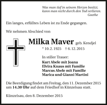 Traueranzeige von Milka Maver 