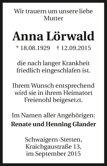 Traueranzeige von Anna Lörwald 