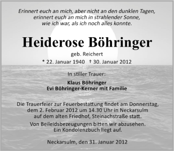 Traueranzeige von Heiderose Böhringer 