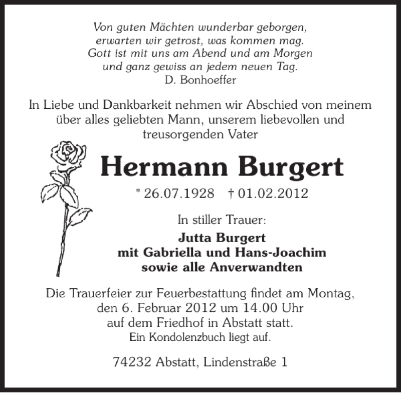  Traueranzeige für Hermann Burgert vom 02.02.2012 aus 