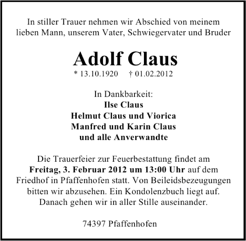 Traueranzeige für Adolf Claus vom 02.02.2012 aus 