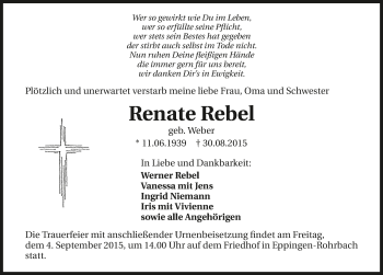 Traueranzeige von Renate Rebel 