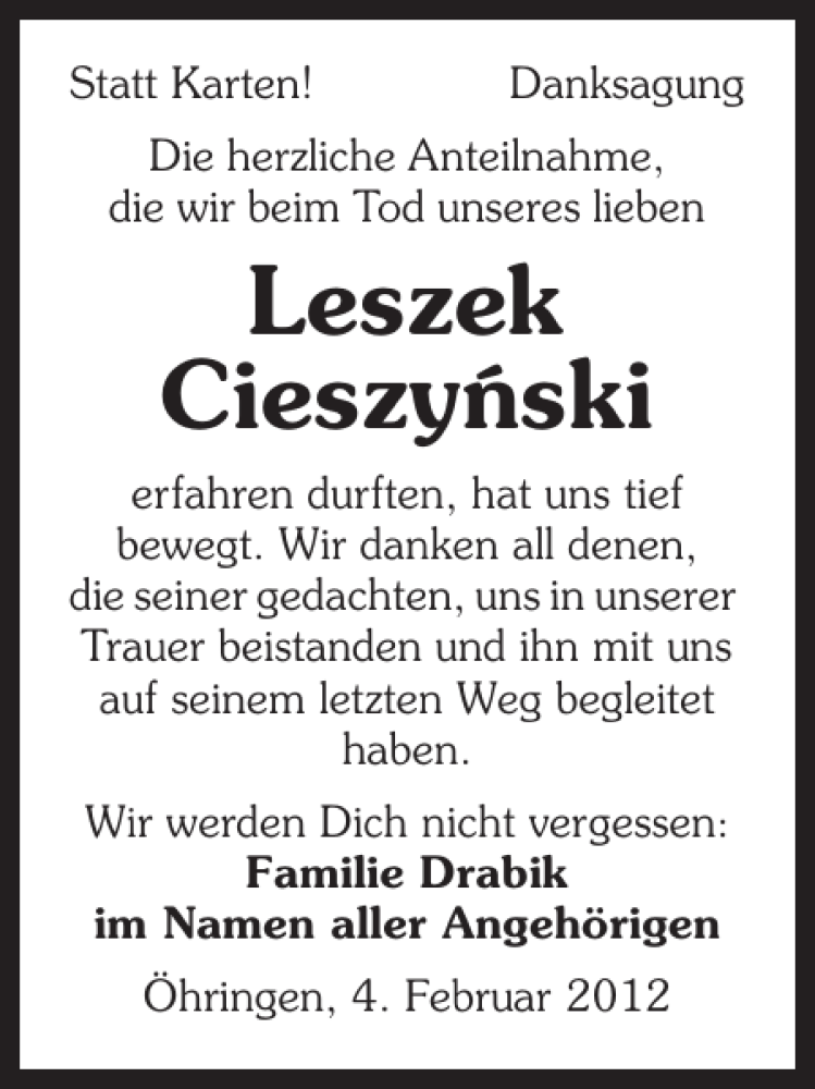  Traueranzeige für Leszek Cieszyn ski vom 04.02.2012 aus 