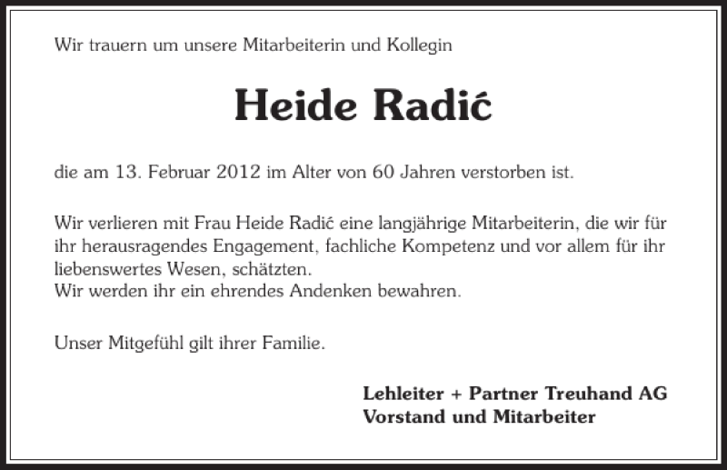  Traueranzeige für Heide Radic vom 18.02.2012 aus 