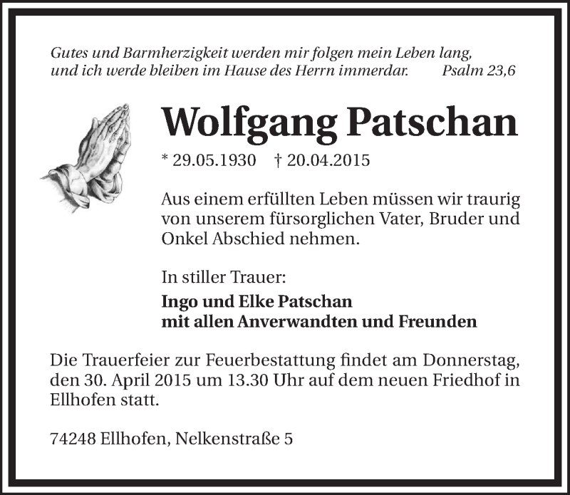  Traueranzeige für Wolfgang Patschan vom 23.04.2015 aus 