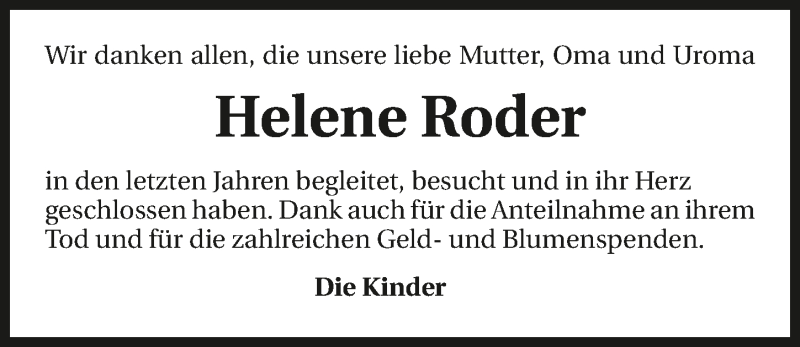  Traueranzeige für Helene Roder vom 13.06.2015 aus 