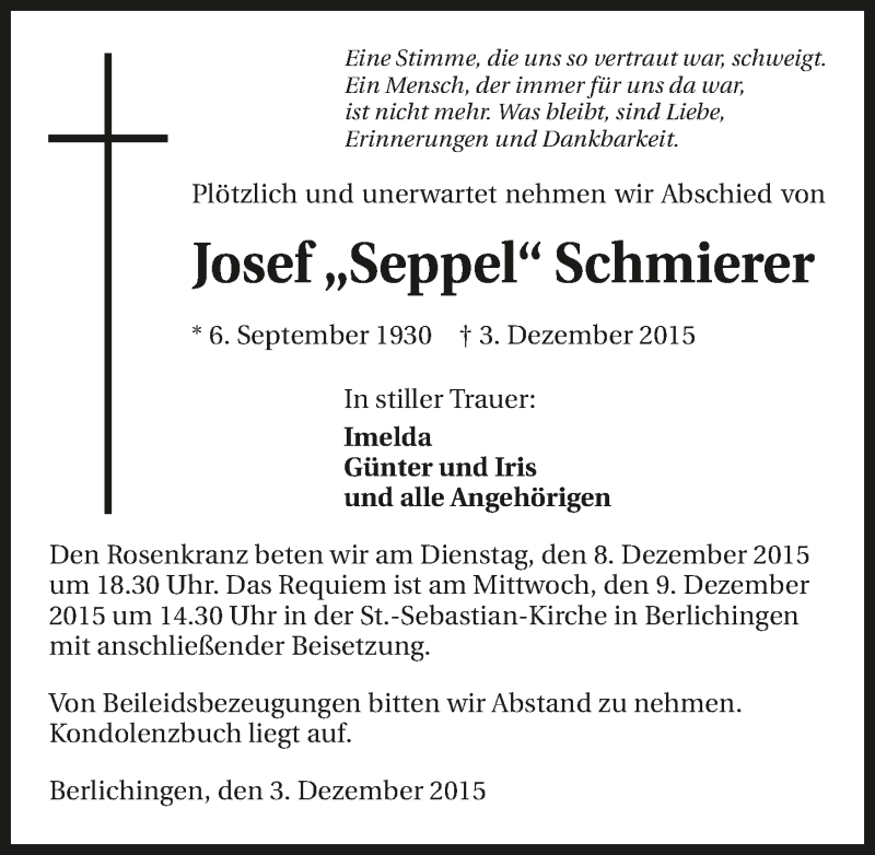  Traueranzeige für Josef Schmierer vom 07.12.2015 aus 