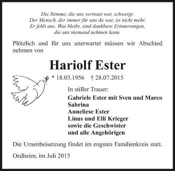 Traueranzeige von Hariolf Ester 