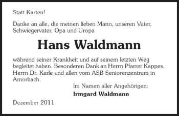 Traueranzeige von Hans Waldmann 