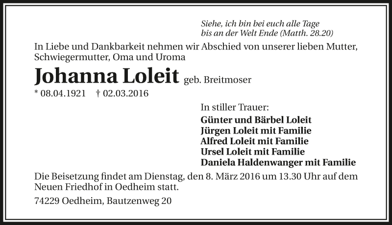  Traueranzeige für Johanna Loleit vom 05.03.2016 aus 
