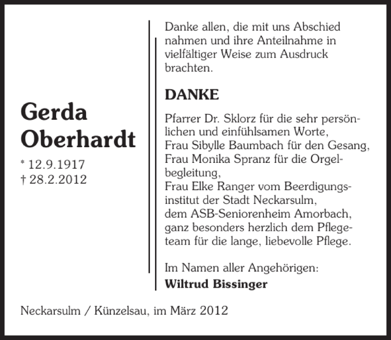  Traueranzeige für Gerda Oberhardt vom 10.03.2012 aus 