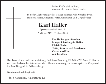 Traueranzeige von Karl Haller 