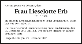 Traueranzeige von Lieselotte Erb 
