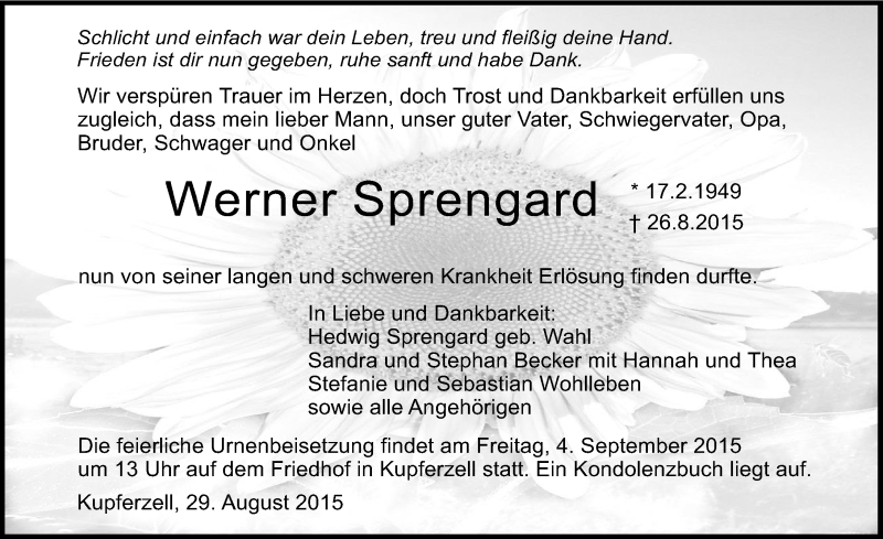  Traueranzeige für Werner Sprengard vom 29.08.2015 aus 