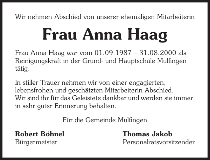  Traueranzeige für Frau Anna Haag vom 11.04.2012 aus 