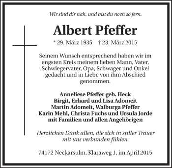 Traueranzeige von Albert Pfeffer 