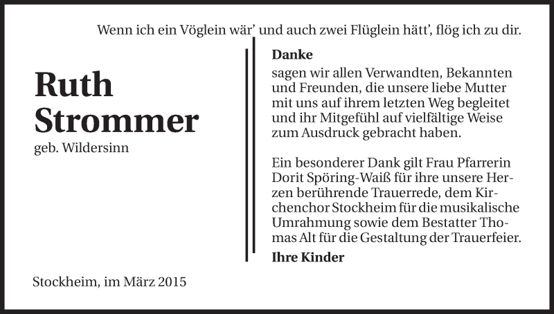  Traueranzeige für Ruth Strommer vom 23.03.2015 aus 