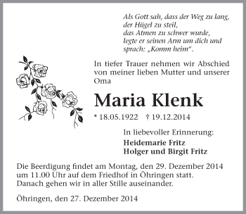 Traueranzeige von Maria Klenk 