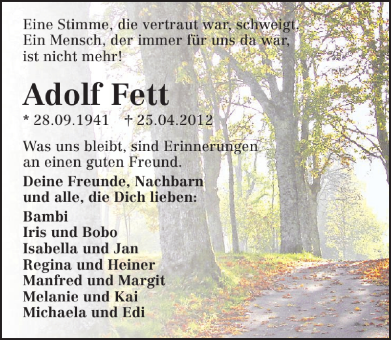  Traueranzeige für Adolf Fett vom 04.05.2012 aus 