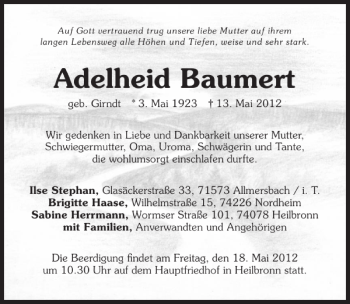 Traueranzeige von Adelheid Baumert 
