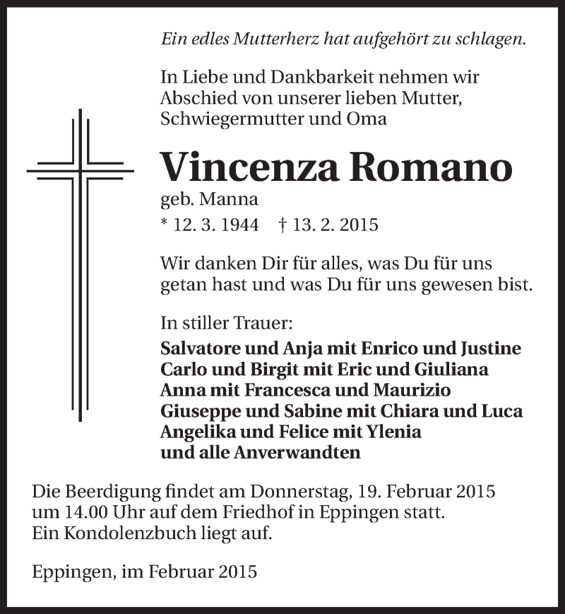  Traueranzeige für Vincenza Romano vom 18.02.2015 aus 
