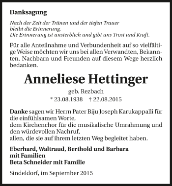 Traueranzeige von Anneliese Hettinger 