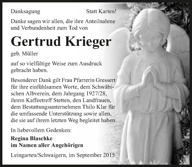  Traueranzeige für Gertrud Krieger vom 26.09.2015 aus 