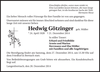 Traueranzeige von Hedwig Götzinger 