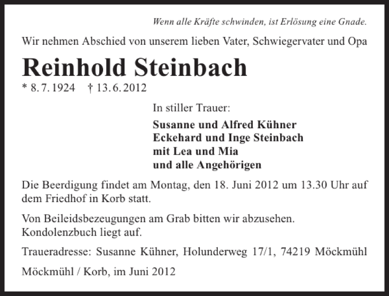  Traueranzeige für Reinhold Steinbach vom 15.06.2012 aus 