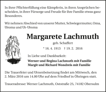 Traueranzeige von Margarete Lachmuth 