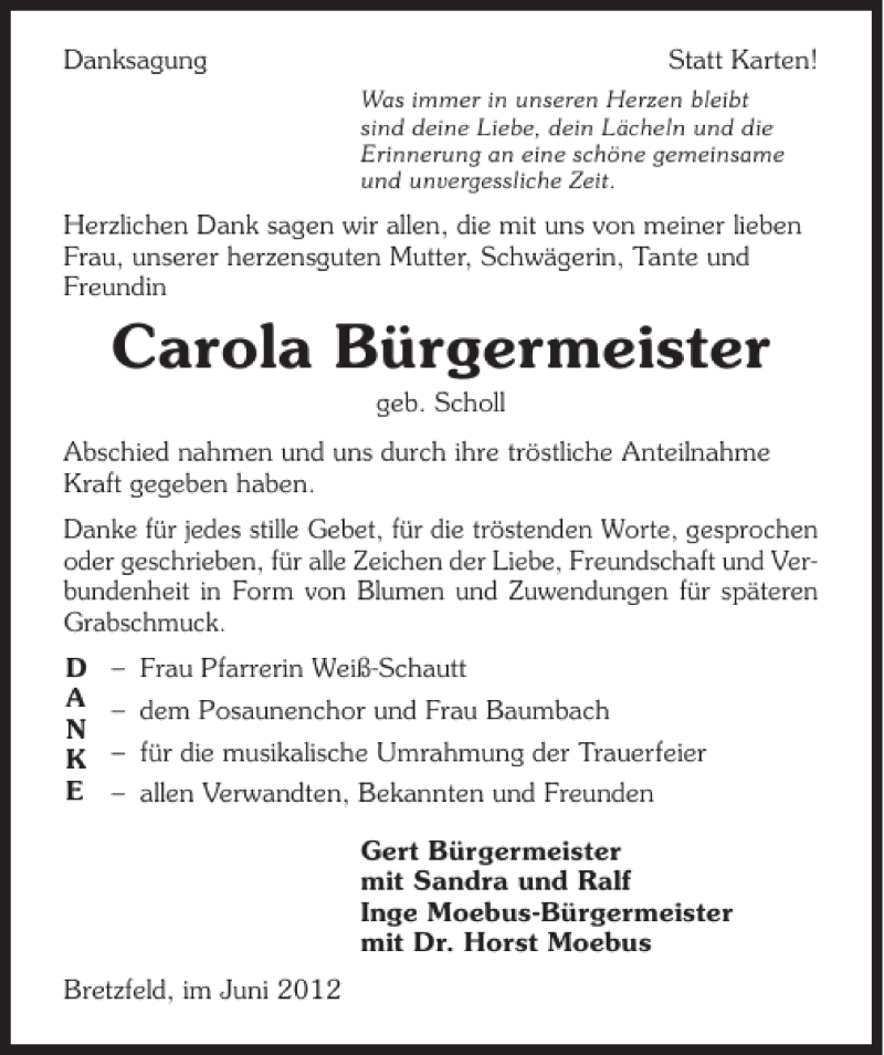  Traueranzeige für Carola geb. Scholl Bürgermeister vom 19.06.2012 aus 