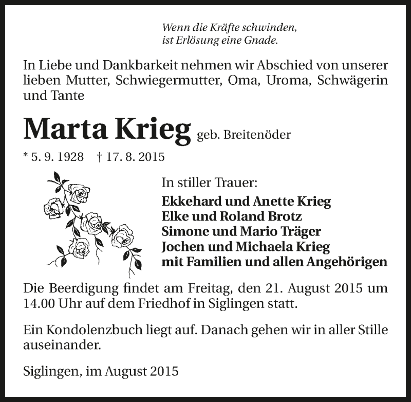  Traueranzeige für Marta Krieg vom 19.08.2015 aus 