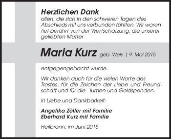 Traueranzeige von Maria Kurz 