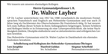 Traueranzeige von Walter Layher 
