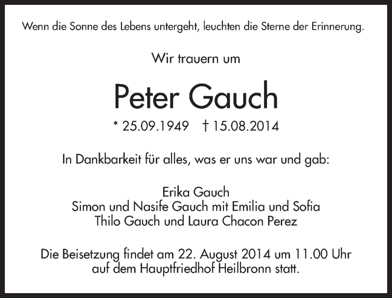  Traueranzeige für Peter Gauch vom 20.08.2014 aus 