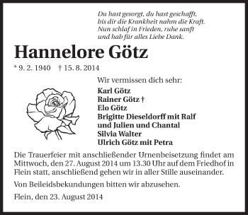 Traueranzeige von Hannelore Götz 