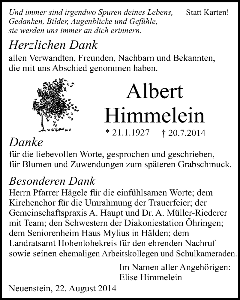  Traueranzeige für Albert Himmelein vom 22.08.2014 aus 
