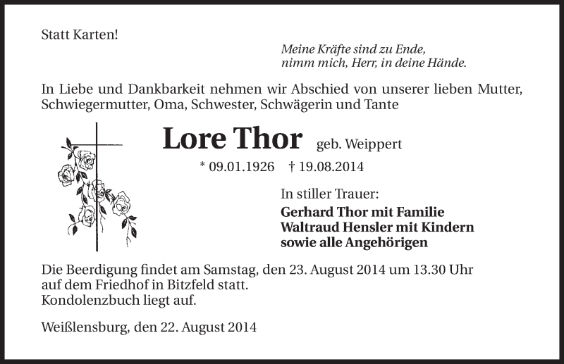  Traueranzeige für Lore Thor vom 22.08.2014 aus 