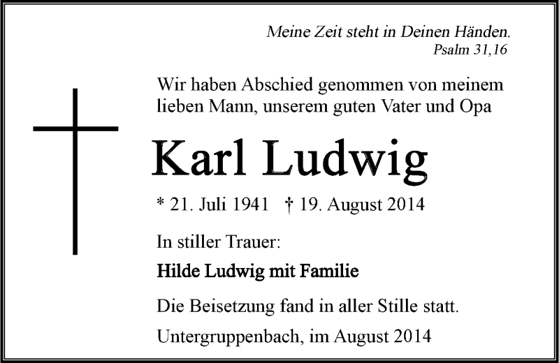  Traueranzeige für Karl Ludwig vom 29.08.2014 aus 