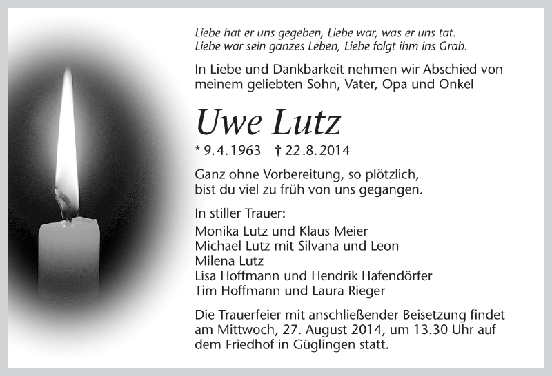 Traueranzeige für Uwe Lutz vom 26.08.2014 aus 
