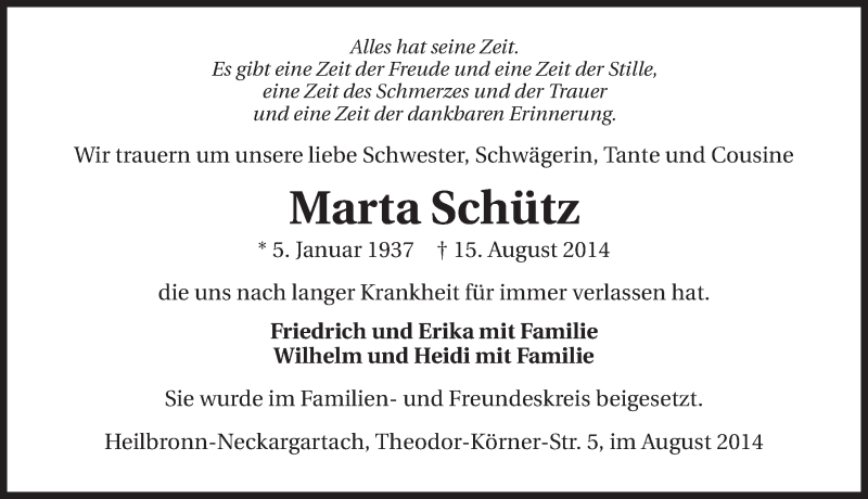 Traueranzeige für Marta Schütz vom 26.08.2014 aus 