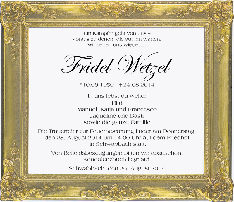  Traueranzeige für Fridel Wetzel vom 26.08.2014 aus 