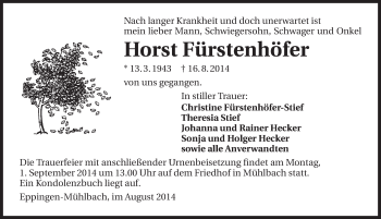 Traueranzeige von Horst Fürstenhöfer 