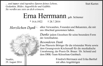 Traueranzeige von Erna Herrmann 