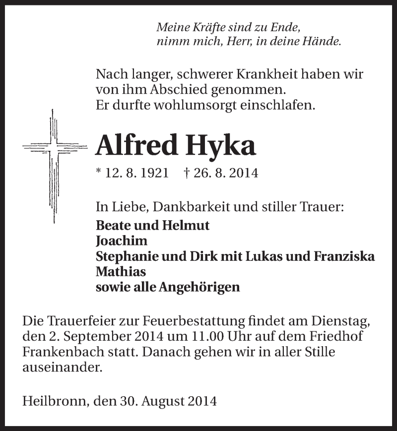  Traueranzeige für Alfred Hyka vom 30.08.2014 aus 