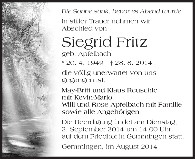  Traueranzeige für Siegrid Fritz vom 30.08.2014 aus 