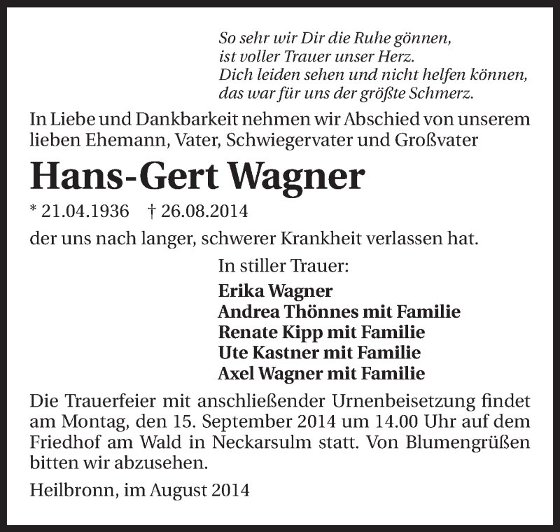  Traueranzeige für Hans-Gert Wagner vom 02.09.2014 aus 